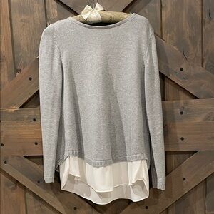 LOFT Women’s Layered Hem Gray Knit Top with White Chiffon Detail